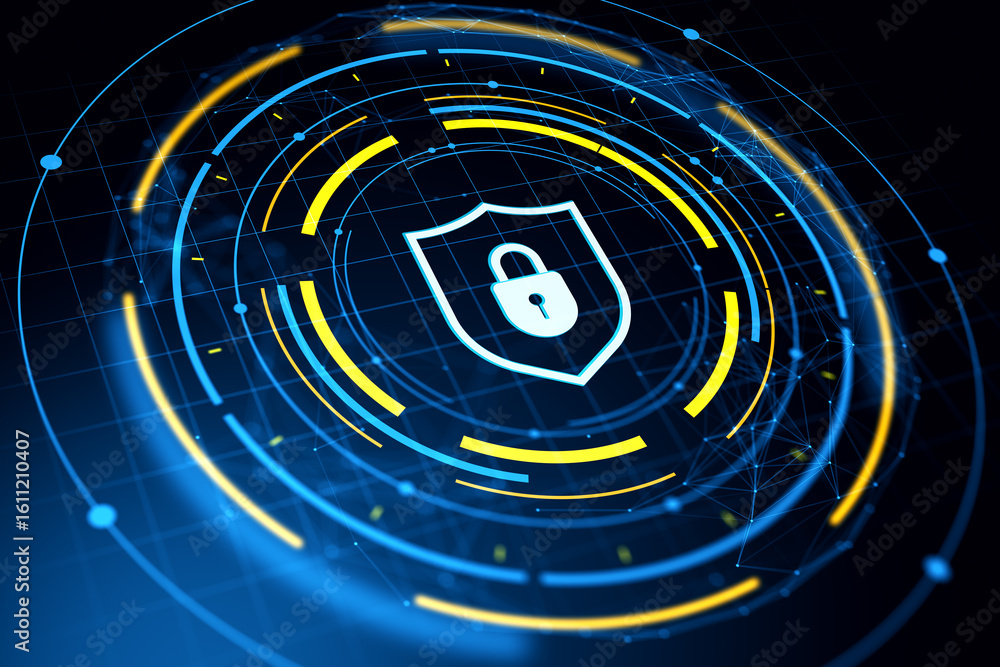 Poster digital shield with padlock icon in futuristic interface representing cybersecurity and data protect
