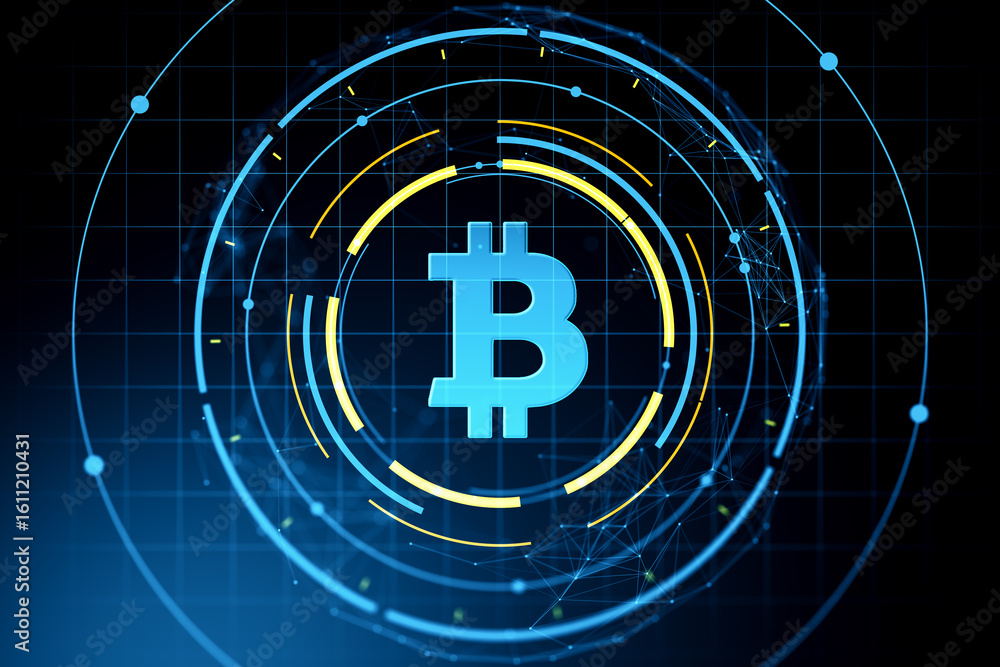 Poster futuristic bitcoin symbol glowing in neon blue with circular digital elements and grid background re