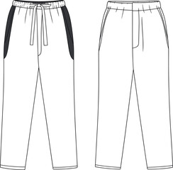 Jogger pants technical flat vector illustration, front and back view, drawstring waistband, contrast side panels, fashion garment sketch, modern sportswear design, editable CAD file
