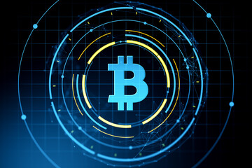 Futuristic bitcoin symbol glowing in neon blue with circular digital elements and grid background...