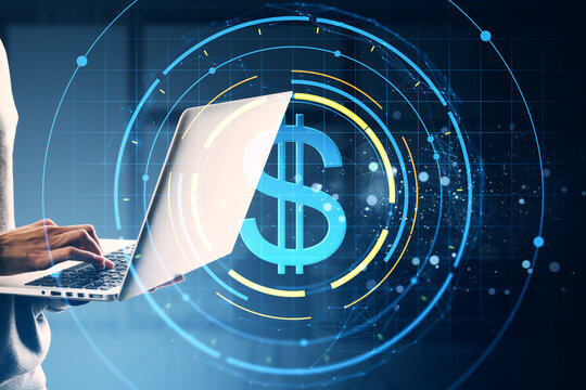 Digital dollar sign icon on laptop screen with futuristic graphic elements representing fintech and online currency exchange concept.