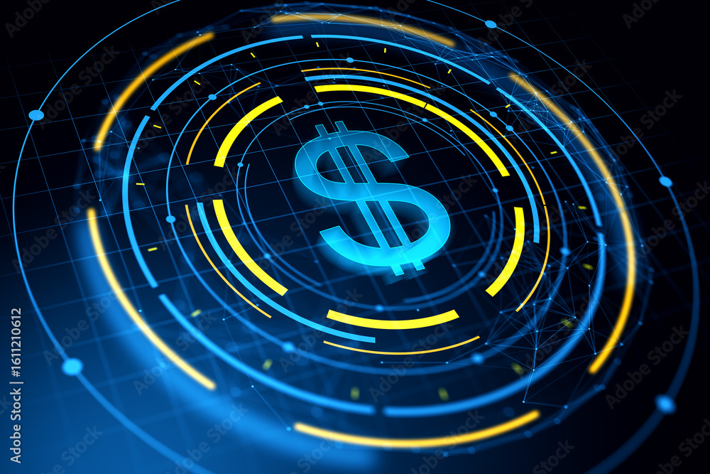 Poster glowing digital dollar symbol interface with futuristic neon blue and yellow circular elements on da