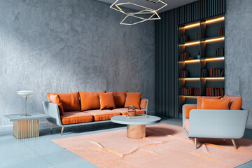 Modern lounge room with orange sofa set, round table, and built-in bookshelves in a stylish corner...