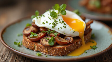a mushroom toast with poached egg