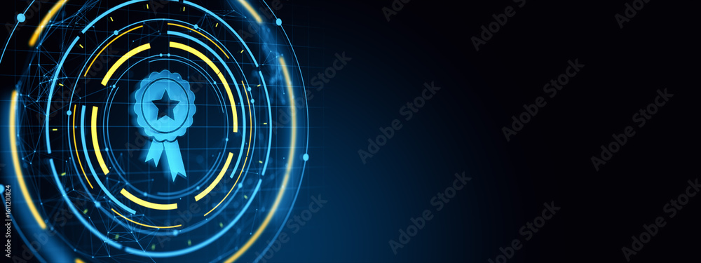 Poster digital holographic certification badge symbol in futuristic interface with neon blue data pattern a