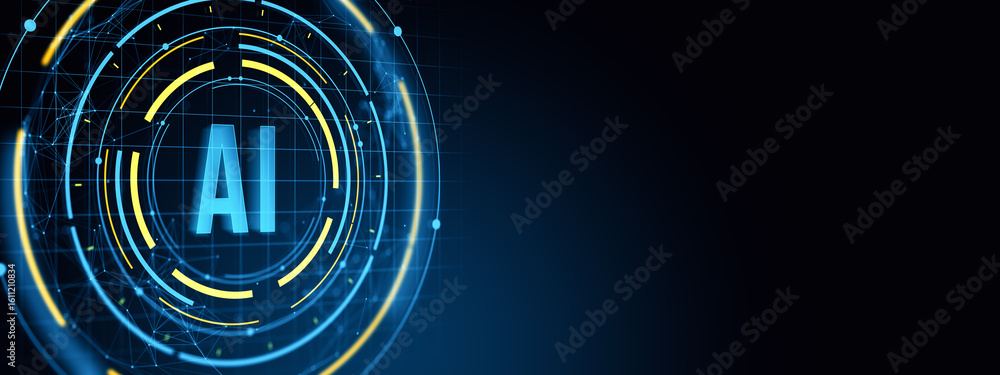 Poster futuristic artificial intelligence interface with glowing digital hologram and circular hud elements
