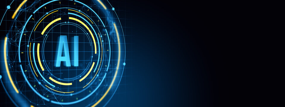 Futuristic artificial intelligence interface with glowing digital hologram and circular HUD elements on dark blue tech background screen. 3D Rendering