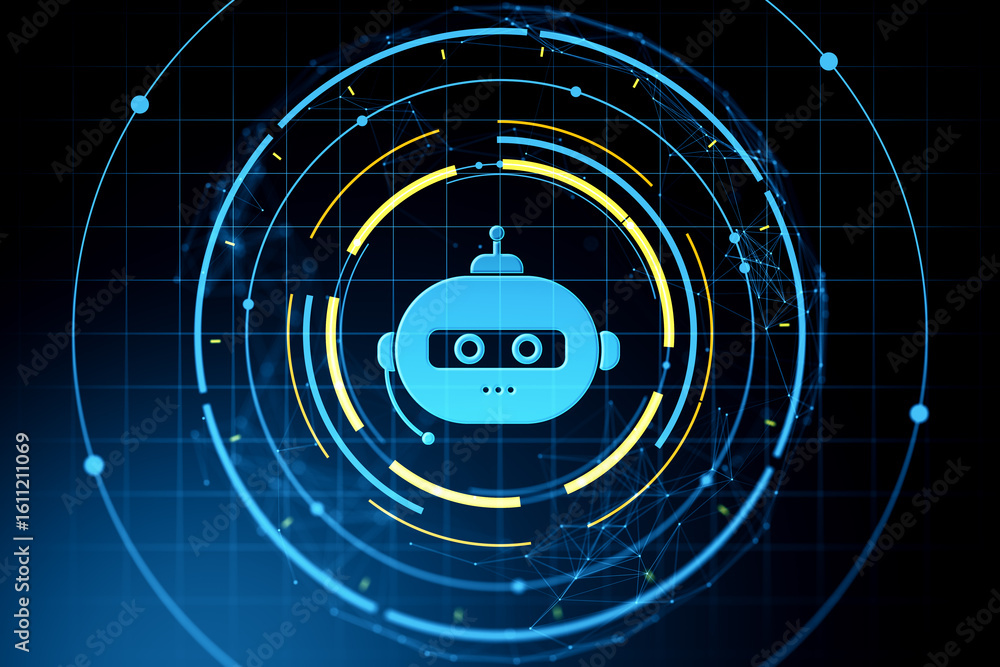 Poster futuristic chatbot icon with digital neon interface and circular data elements on dark grid backgrou