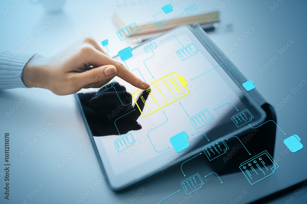 Poster business data management interface on tablet with user interacting with digital document icons in cl