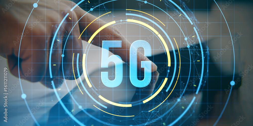 Poster 5g technology digital interface concept with person using smartphone and futuristic high-speed netwo