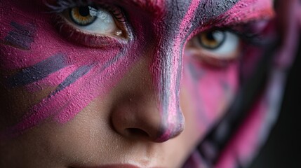 Close-up of makeup art on female face with pink and purple patterns