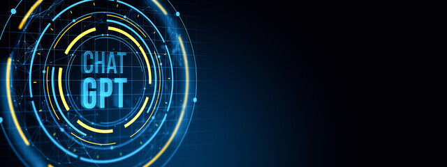 Futuristic digital interface with "Chat GPT" text in glowing neon blue and yellow circular rings on a virtual dark tech background. 3D Rendering