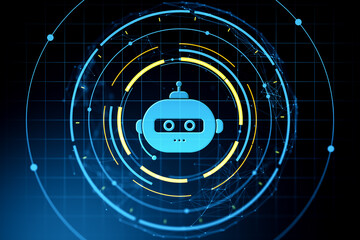 Futuristic chatbot icon with digital neon interface and circular data elements on dark grid background representing virtual AI assistant concept. 3D Rendering