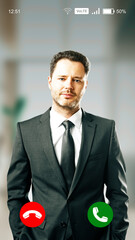 Incoming video call screen showing a professional businessman in a suit with call options on a...