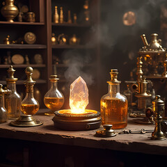 A vintage alchemy lab with golden tools, smoky potions, and glowing crystals