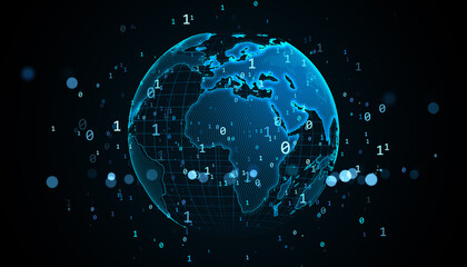 Digital globe with binary code over glowing blue world map on dark background representing global data network and virtual technology concept. 3D Rendering