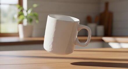 Fototapeta premium Floating White Mug: Serene Kitchen Still Life, Soft Lighting, Minimalist Aesthetic.