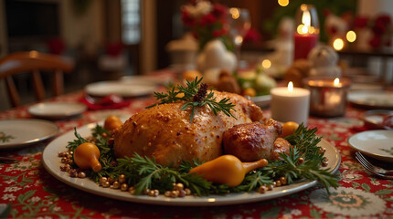 a Christmas roast on a festive dinner table