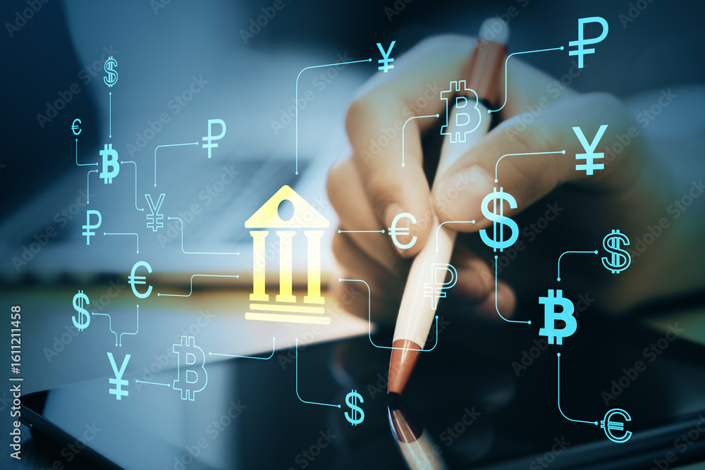 Poster online banking concept with digital currency symbols and financial icons connected on tablet screen 