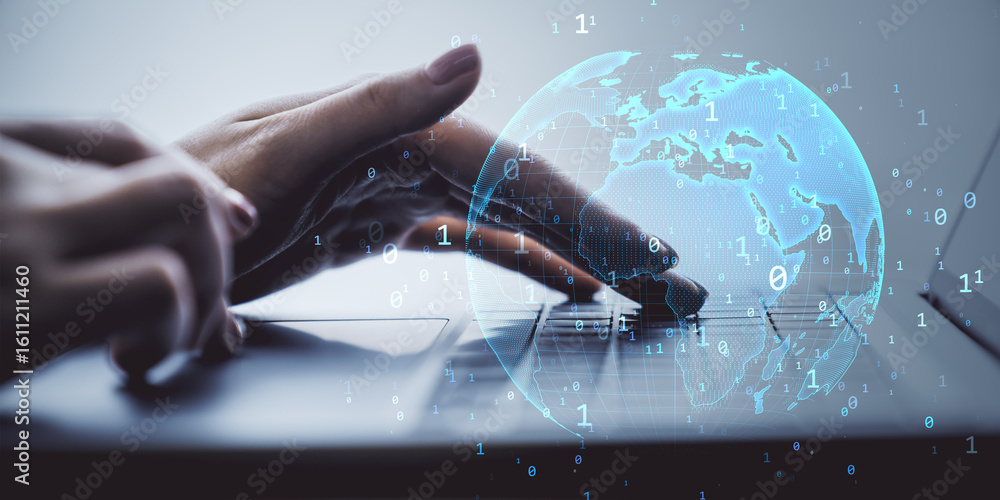 Poster hands typing on laptop with glowing holographic digital world map and binary code overlay on dark ba