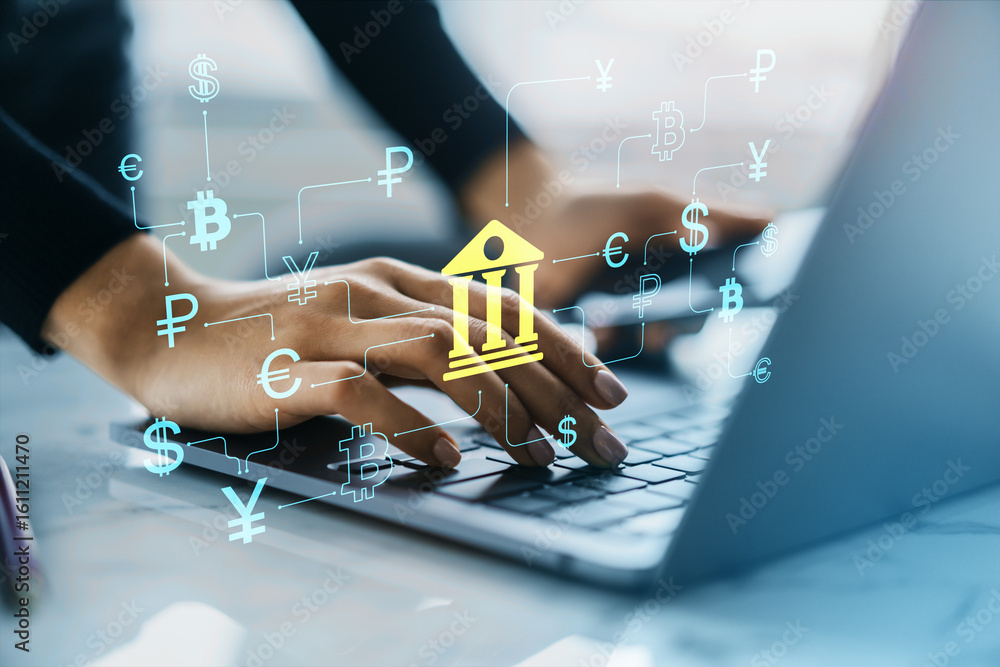 Poster digital banking interface with currency symbols and person typing on laptop, representing fintech ne