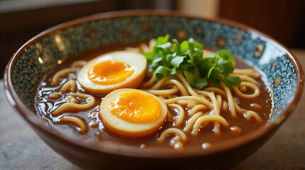 a bowl of ramen with a soft-boiled egg