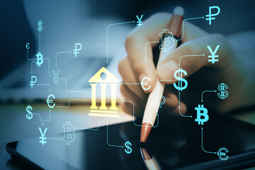 Online banking concept with digital currency symbols and financial icons connected on tablet screen in fintech network system interface background.