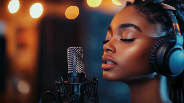 Female vocalist with headphones on, holding a microphone and singing in recording studio with ambient lights creating an intimate atmosphere.