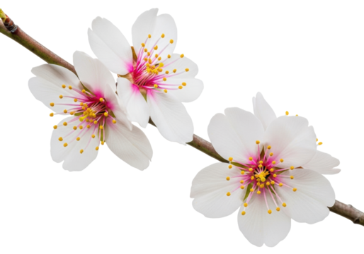 Two delicate, freshly bloomed white almond blossoms with vibrant pink filaments and yellow anthers on a bare dark branch, isolated against a transparent background with copy space, studio shot,