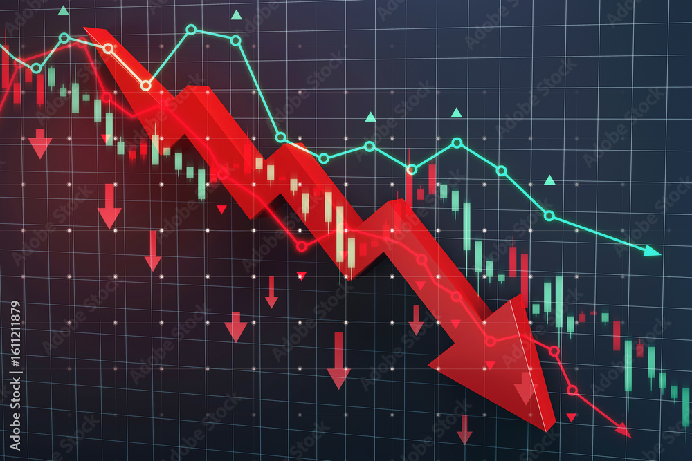Poster red downward arrow on digital chart showing financial market crash and global economic recession wit
