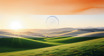Indian Flag with Ashoka Chakra over a scenic sunrise landscape of rolling green hills. 4k Background Wallpaper