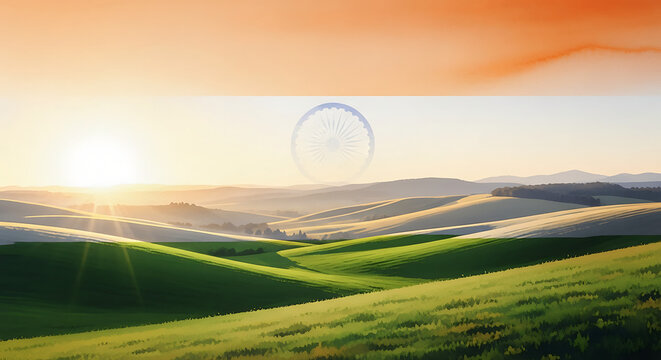 Indian Flag with Ashoka Chakra over a scenic sunrise landscape of rolling green hills. 4k Background Wallpaper