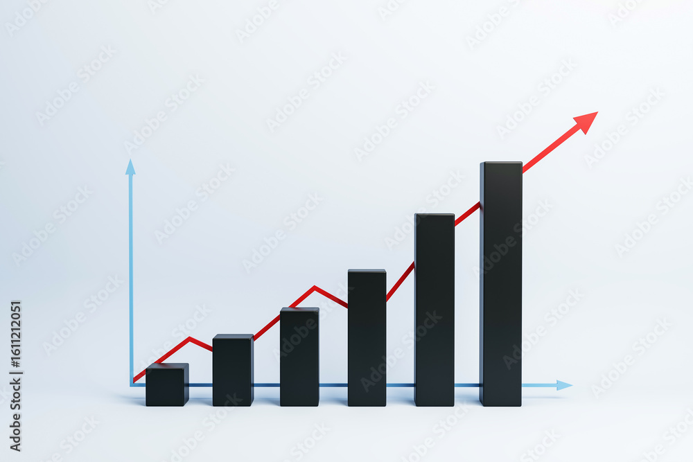 Poster black bar chart with upward red arrow and blue axis symbolizing business growth and success on light