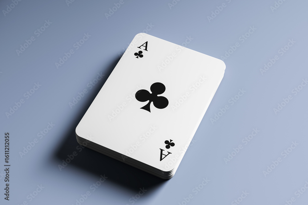 Poster stack of ace of clubs playing cards on blue gradient background with shadow, clean surface design fo