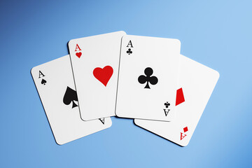Four aces playing cards isolated on clean blue gradient background, top view layout for casino game design and gambling branding mockup. 3D Rendering