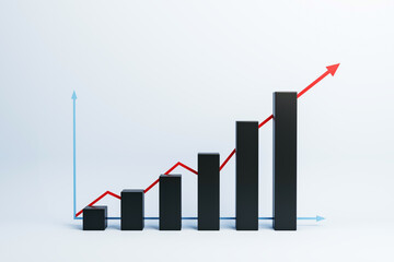 Black bar chart with upward red arrow and blue axis symbolizing business growth and success on...