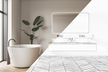 Modern luxury bathroom interior partially shown as hand-drawn sketch and partially as finished design with bathtub and sink setup. 3D Rendering © Who is Danny