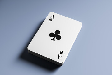 Stack of ace of clubs playing cards on blue gradient background with shadow, clean surface design...