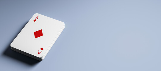 Stack of playing cards with ace of diamonds on top placed on smooth surface with gradient light and empty space on the right side. 3D Rendering