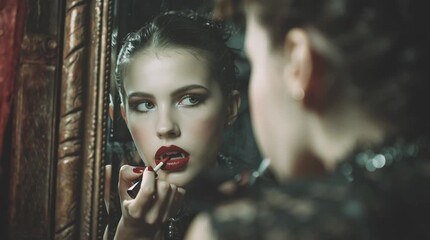 A woman with vampire fangs applying red lipstick in front of a mirror with an ornate gold frame - Powered by Adobe