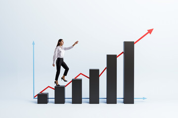 Businesswoman climbing bar graph steps with growth arrows representing ambition, leadership, and...