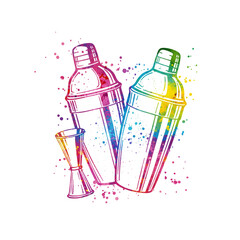 Colorful barware essentials, featuring two cocktail shakers and a measuring jigger, are depicted with expressive watercolor paint splatters.