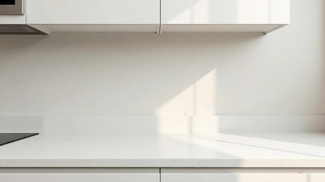 A close up of a kitchen counter with white cabinets and a sunbeam shining on the backsplash