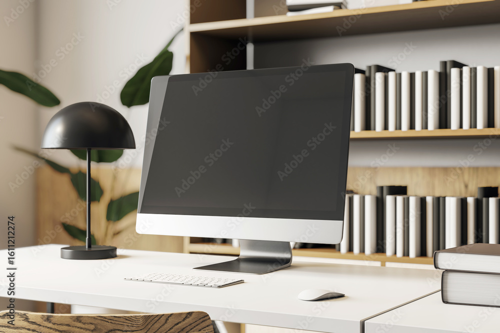 Poster modern desktop computer mockup on white desk in stylish home office with bookshelves and soft lighti