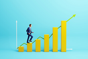 Businessman climbing yellow bar graph steps representing career growth and success with upward...