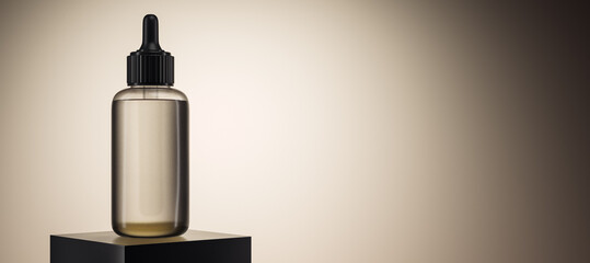 Transparent cosmetic dropper bottle mockup on black pedestal with beige gradient background for...