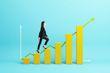 Businesswoman climbing yellow bar graph steps symbolizing growth, success, and ambition in a blue...