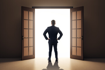 Businessman standing at open door facing bright light representing opportunity, success, and...