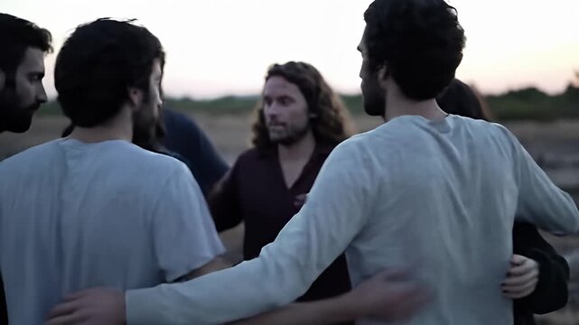 Group of people embracing in a circle outdoors at sunset; soft, muted color palette