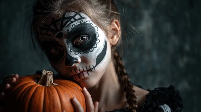 Girl with sugar skull makeup holding a pumpkin in front of a dark gray background for halloween